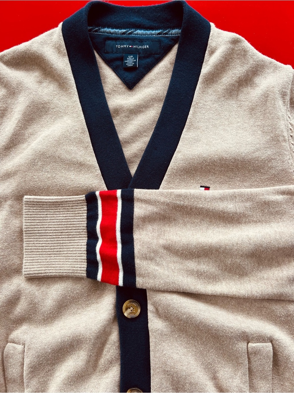Tommy Hilfiger Beige Stripe Trim Knit Cardigan Sweater. Size S. 100% cotton